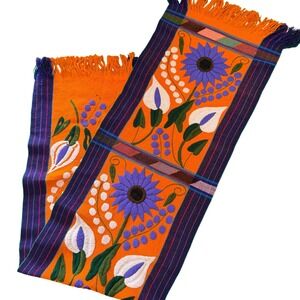 Mexican Hand Embroidered Floral Table Runner Orange Purple Sunflowers 68x18